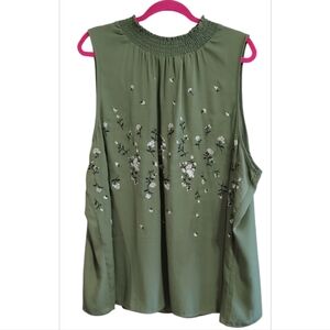 Chenault Olive Green Floral Embroidered Sleeveless Blouse Size 3X